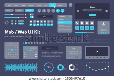 Vector UI kit for mobile applications and web sites. Universal user interface template with responsive design, tools and buttons. Flat menu icons and control elements on color background.