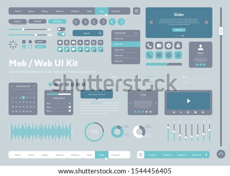 Vector UI UX kit for mobile applications and web sites. Universal user interface template with responsive design, tools and buttons. Flat menu icons and control elements on gray background.