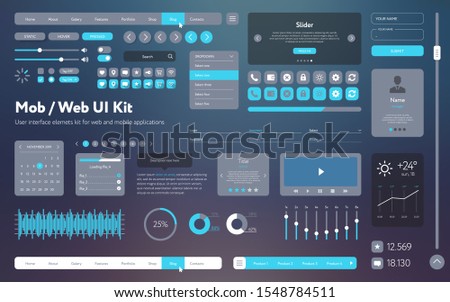 Vector UI UX kit for mobile applications and web sites. Universal user interface template with responsive design, tools and buttons. Flat menu icons and control elements on color background.