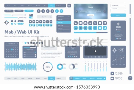 Vector UI UX kit. Universal user interface template with responsive design, tools and buttons for mobile applications and web sites. Flat menu icons and control elements on white background.