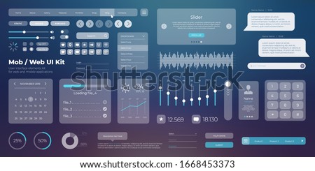 Vector responsive UI UX kit template for mobile applications and web sites. Universal user interface design, tools and buttons. Flat menu icons and control elements on blue background.