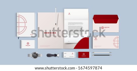 Medical cross lines logo corporate branding on red background. Corporate identity for medical firm and hospital. Health care company vector template. Realistic top view mock up mega pack.