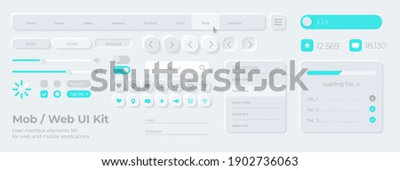 Vector UI UX kit for mobile applications, web and social media. Universal user interface template with realistic design, tools and buttons. Neumorphism icons and control elements on light background.