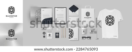 Silver metal and black star logo corporate identity in minimal geometric style. Stationery branding design for modern jewelry or clothes company. Triangle and hexagon black star on glitter background