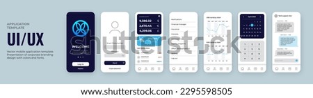 Mobile application design template. UI UX elements set with blue color logo and dark background. Can be used for mobile banking or shop. Include login form, main screen, charts, chat and calendar.