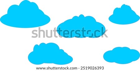 five simple, cartoon-like clouds floating against a pristine white background. The clouds are of varying sizes, with the largest one situated on the left side of the image.