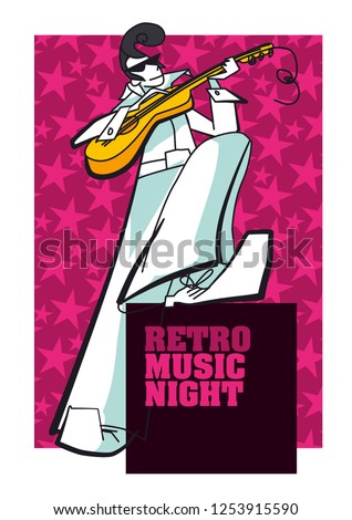 Elvis Presley Retro music poster hand drawn vector template. Rock N Roll concert, festival banner with sketch character. Musical event invitation with text box. Disco party flyer
