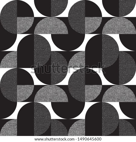 Black and white geometric forms textured seamless pattern. Laconic shapes modern repeatable motif for background, wrap, fabric, carpet, textile, wrap, surface, web and print design. 
