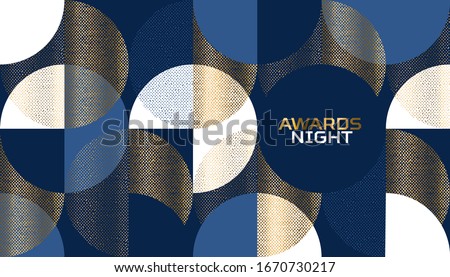 Luxury geometrical abstract pattern for card, header, invitation, poster, social media, post publication. Gold, blue, white decorative geometry vector with circles.
