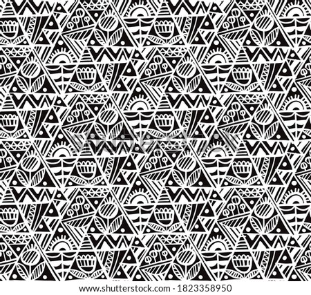 Black and white abstract floral hand drawn seamless pattern for background, fabric, textile, wrap, surface, web and print design. Textile vector tile rapport with folk vibes tulip flower.