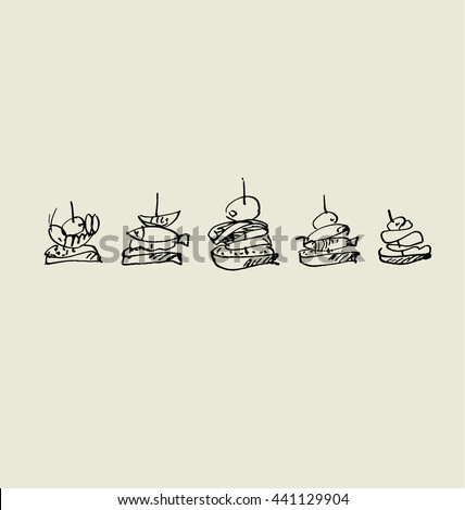 tapas and canape image set. food hand drawn sketch vector illustration. stylized natural meal,  little sandwich with salmon.