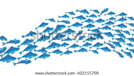 School of fish vector illustration for header, web, print, card and invitation. Plenty of herring or cod moving in the sea.