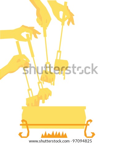  vector illustration of cheese Fondue with friends hands for poster, card, ads