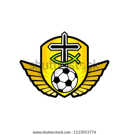 Christian sports logo. The golden shield, the cross of Jesus, the sign of the fish, the wings, and the soccer ball. Emblem for competition, ministry, conference, camp, seminar, etc.