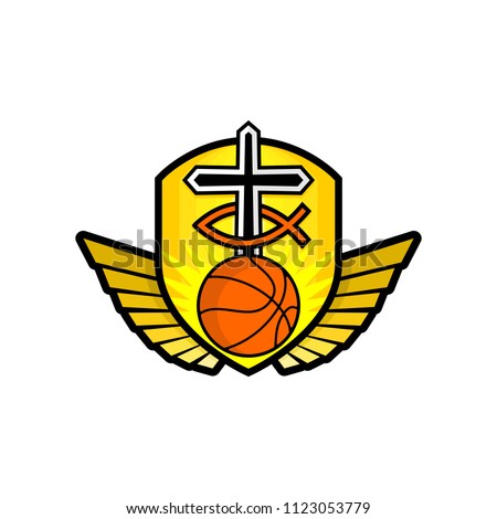 Christian sports logo. The golden shield, the cross of Jesus, the sign of the fish, the wings, and the basketball. Emblem for competition, ministry, conference, camp, seminar, etc.