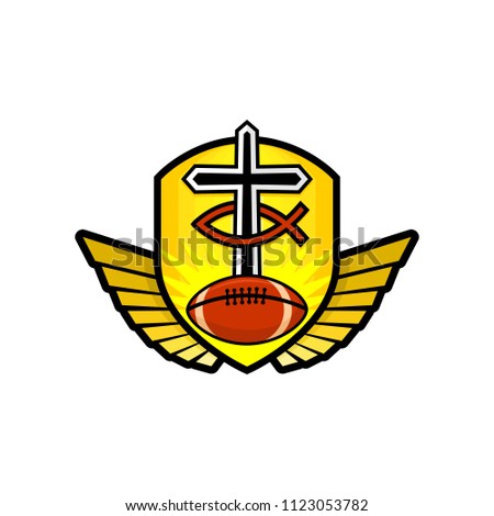 Christian sports logo. The golden shield, the cross of Jesus, the sign of the fish, the wings, and the rugby ball. Emblem for competition, ministry, conference, camp, seminar, etc.