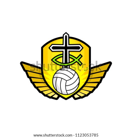 Christian sports logo. The golden shield, the cross of Jesus, the sign of the fish, the wings, and the volleyball. Emblem for competition, ministry, conference, camp, seminar, etc.