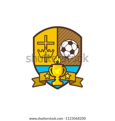 Christian sports logo. Shield, goblet, cross of Jesus, crown. Soccer ball. Emblem for competition, club, camp, tournament, ministry.