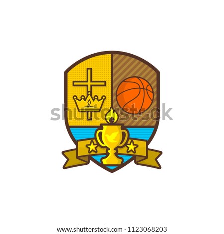 Christian sports logo. Shield, goblet, cross of Jesus, crown. Basketball. Emblem for competition, club, camp, tournament, ministry.