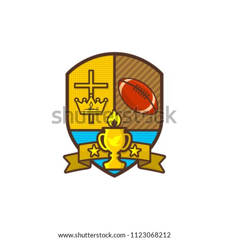 Christian sports logo. Shield, goblet, cross of Jesus, crown. The ball of rugby. Emblem for competition, club, camp, tournament, ministry.