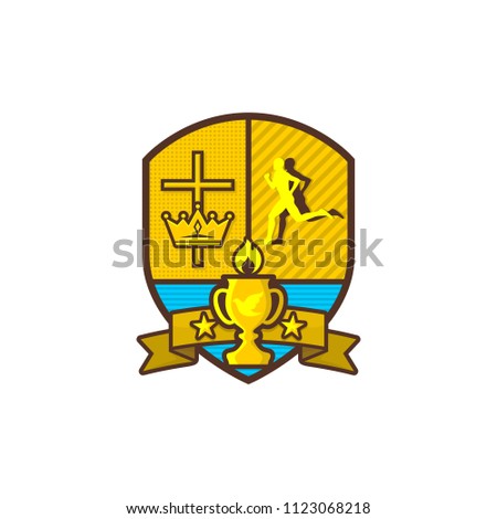 Christian sports logo. Shield, goblet, cross of Jesus, crown. Running Man. Emblem for competition, club, camp, tournament, ministry.