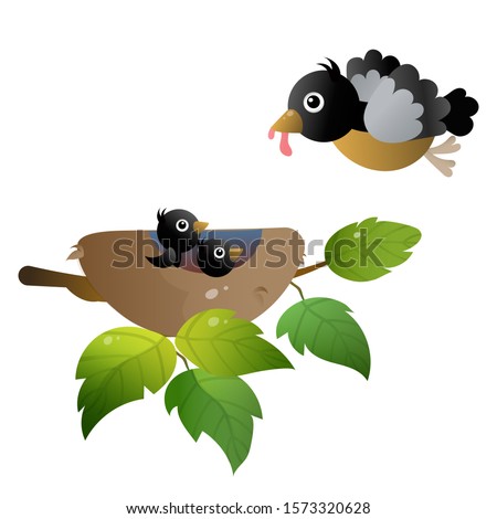 Color image of cartoon bird nest with nestlings or chicks on white background. Vector illustration for kids.