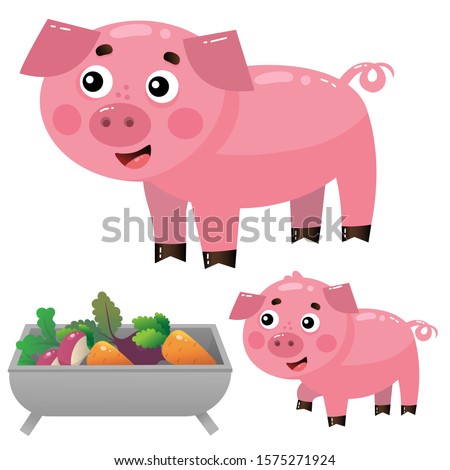 Color images of cartoon pig with piggy on white background. Farm animals. Vector illustration set for kids.