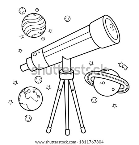 Coloring Page Outline Of a cartoon telescope with stars and planets. Space and astronomy. Coloring book for kids.   Сток-фото © 