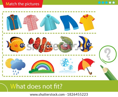 Logic puzzle for kids. What does not fit? Sweatshirts and shirts. Fish. Weather events. Matching game, education game for children. Worksheet vector design for preschoolers.