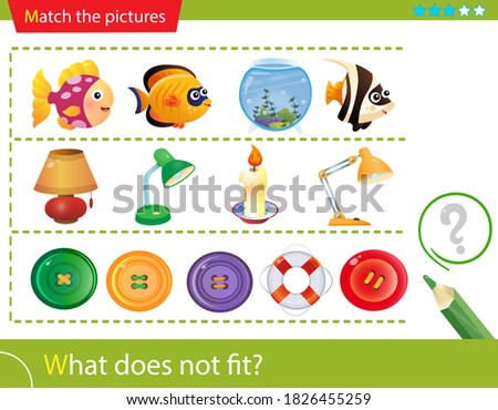 Logic puzzle for kids. What does not fit? Aquarium fish. Table lamps. Buttons. Matching game, education game for children. Worksheet vector design for preschoolers.