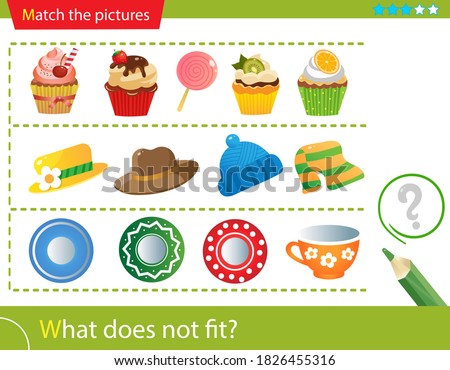 Logic puzzle for kids. What does not fit? Cupcakes. Hats. Saucers or plates. Matching game, education game for children. Worksheet vector design for preschoolers.