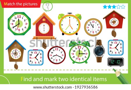Find and mark two identical items. Puzzle for kids. Matching game, education game for children. Watches. Alarm clock, wall clock with cuckoo, electronic timepiece, wristwatch. 