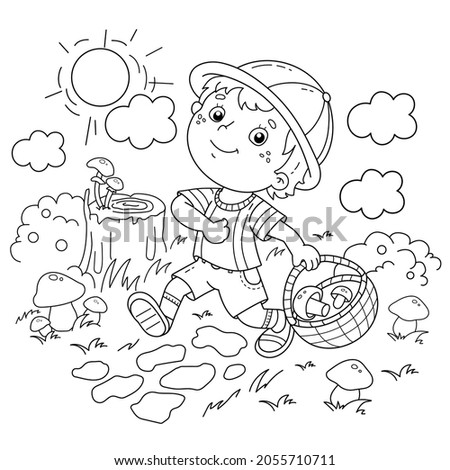 Coloring Page Outline Of cartoon little boy with a basket for mushrooms in the forest. Coloring Book for kids.