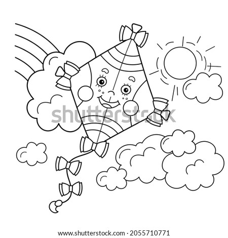Coloring Page Outline of cartoon cheerful fly kite high in the sky. Summer bright toy. Coloring Book for kids.