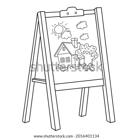 Coloring Page Outline Of cartoon easel with drawing of cute house. Tool for artist. Coloring book for kids