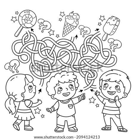 Maze or Labyrinth Game. Puzzle. Tangled road. Coloring Page Outline Of cartoon children with sweets. Coloring book for kids.