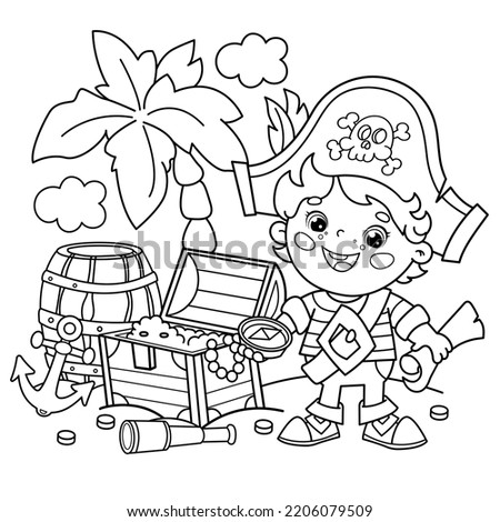 Coloring Page Outline Of Cartoon pirate with chest of treasure. Island of treasure. Coloring book for kids.