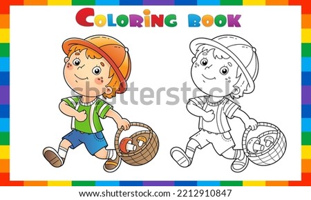 Coloring Page Outline Of cartoon little boy with a basket for mushrooms. Coloring Book for kids.
