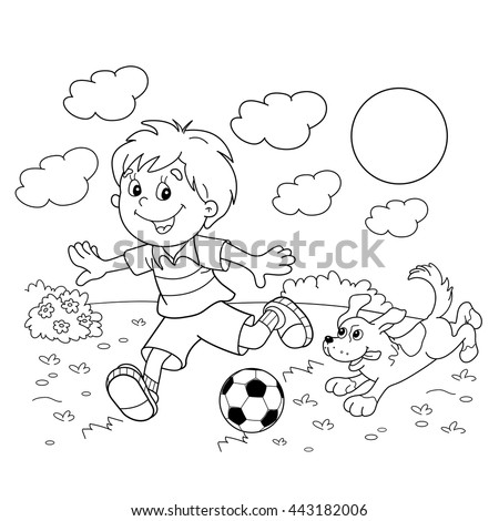 Coloring Page Outline Of cartoon boy with a soccer ball with dog. Football. Coloring book for kids