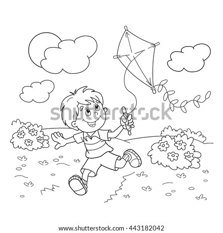 Coloring Page Outline Of cartoon boy running with a kite. Coloring book for kids