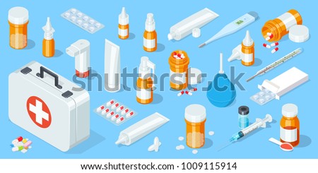 Big set of medical equipment and pharmacy. First Aid Kit. Isometric vector illustration