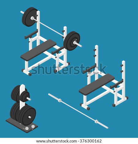 Isometric gym equipment. Gym workout equipment. Press bench, barbell, weights stand and bar. Vector illustration