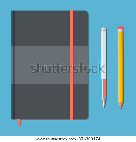 Closed notebook with pencil and pen in top view. Sketchbook or diary. Vector illustration 