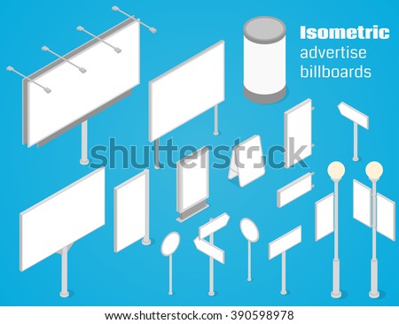 Isometric advertise billboards and signboards set. Vector illustration