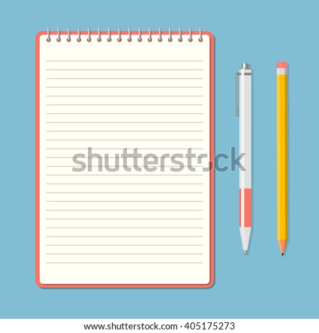 Opened notepad with pencil and pen in top view. Sketchbook or diary. Vector illustration