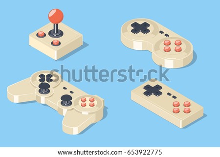 Gamepad and joystick set. Video game controllers collection. Isometric vector illustration