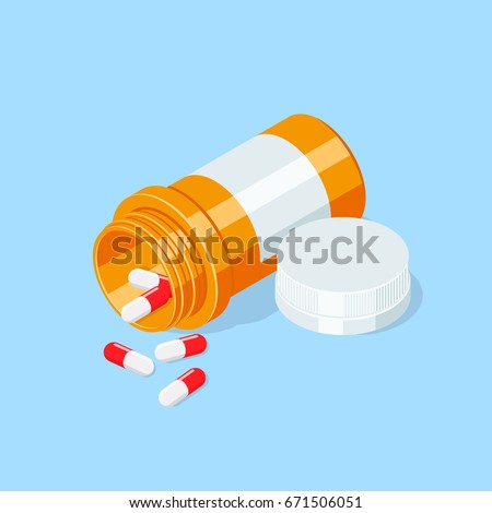 Pill bottle. Medical capsules container .Isometric vector illustration