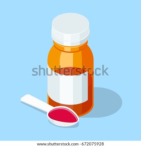 Cough syrup. Medical mixture in spoon and bottle. Isometric vector illustration