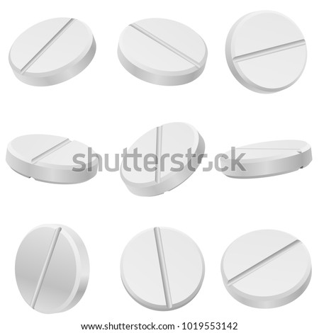 White classic pills from different angles. Round tablets set. Vector Illustration.
