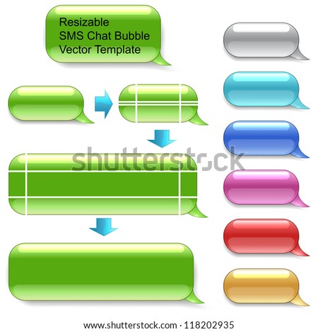 Resizable SMS chat vector template isolated on white background. Select appropriate anchor points by Direct selection tool and drag to dimensions you wish. Different color variants included.